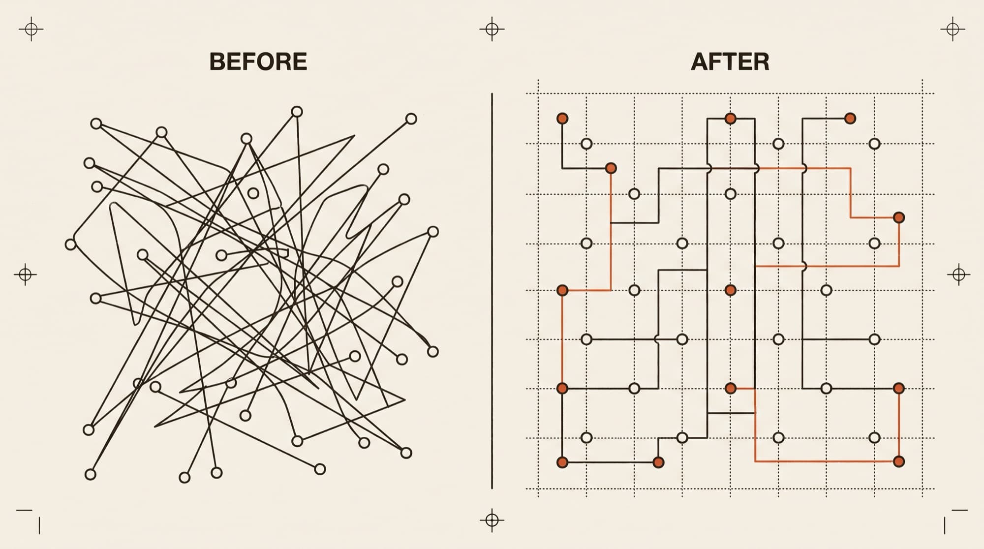 Before-and-after schematic: a tangle of disconnected systems on the left, cleanly organized on a grid on the right